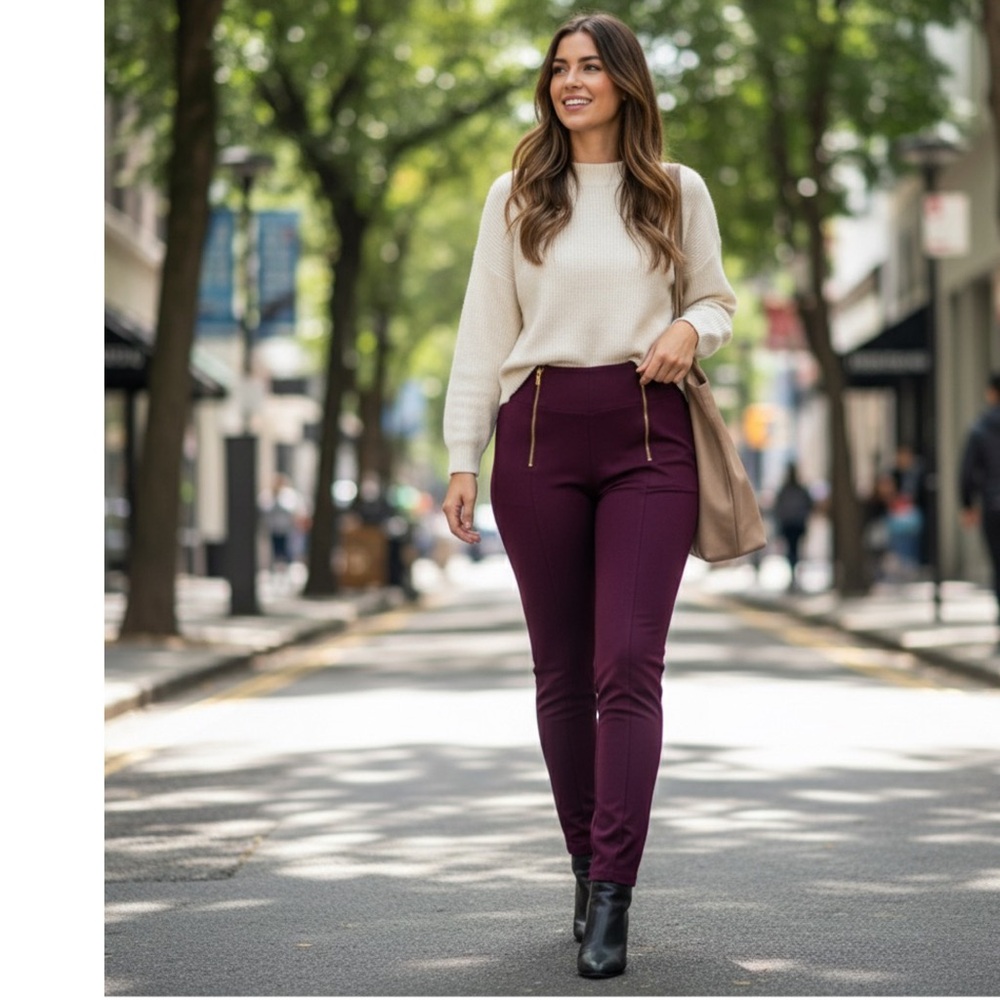 Rosio Burgundy Stretch Pants | Pull-On Slim Fit with Gold Zipper Detail | 3X